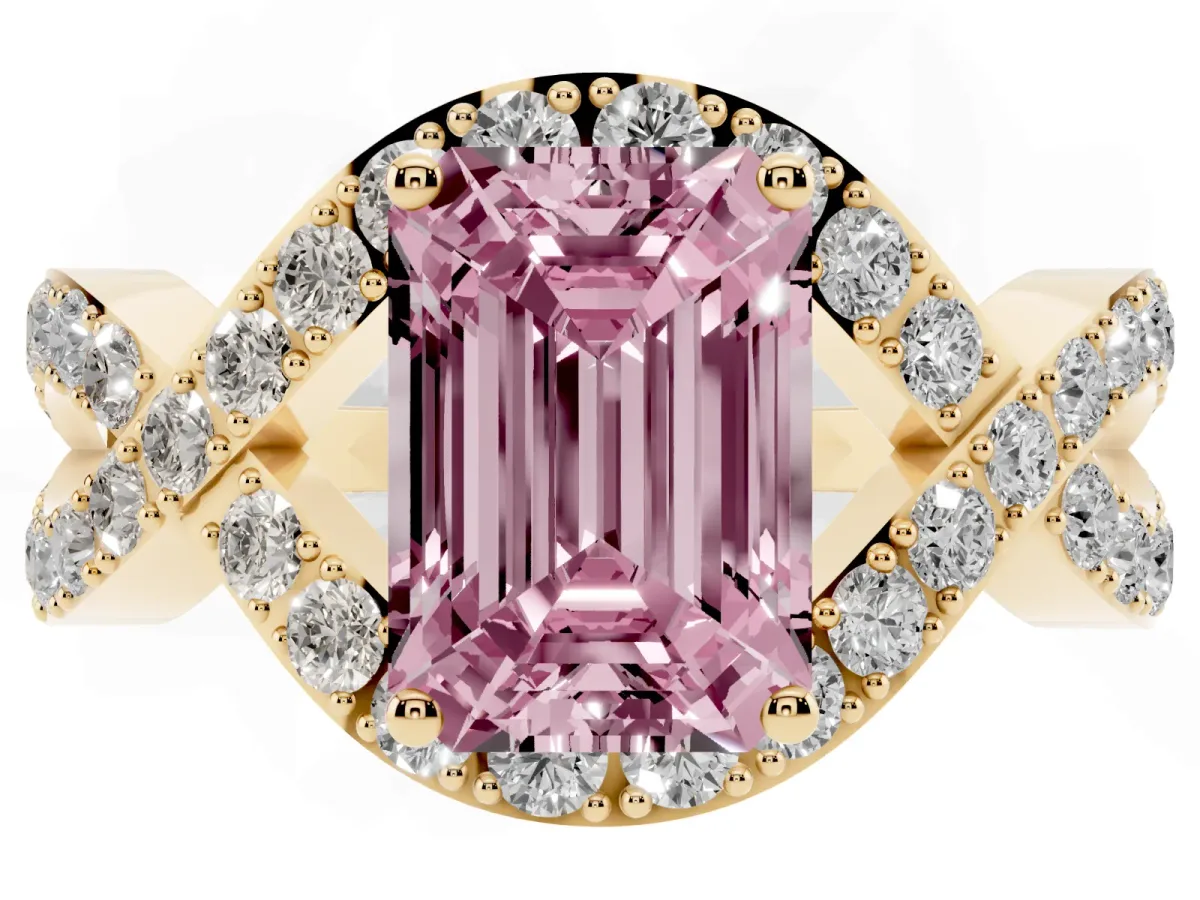 Fancy Pink Emerald Cut Solitaire Twist Band Pavé Diamond Engagement Ring Yellow gold