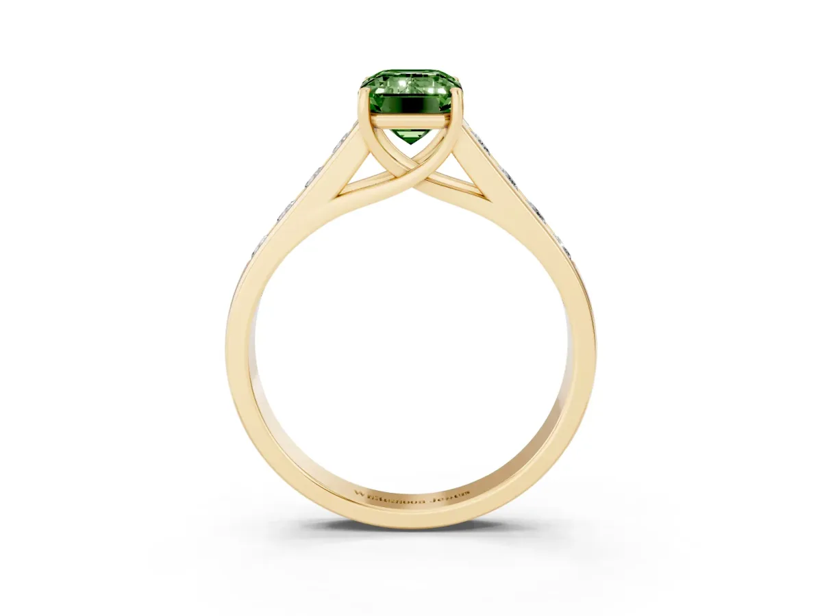 Fancy Green Emerald Cut Solitaire Channel-Set Diamond Engagement Ring with Four-Prong Setting Yellow gold