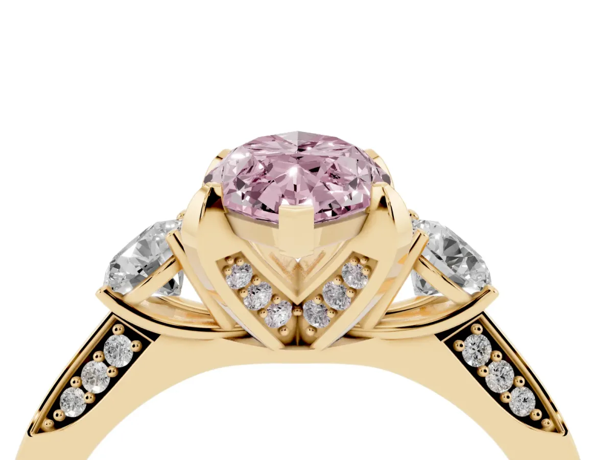 Fancy Pink Marquise Cut Brilliant Three-Stone Diamond Ring with Pavé Band and Four-Prong Setting Yellow gold