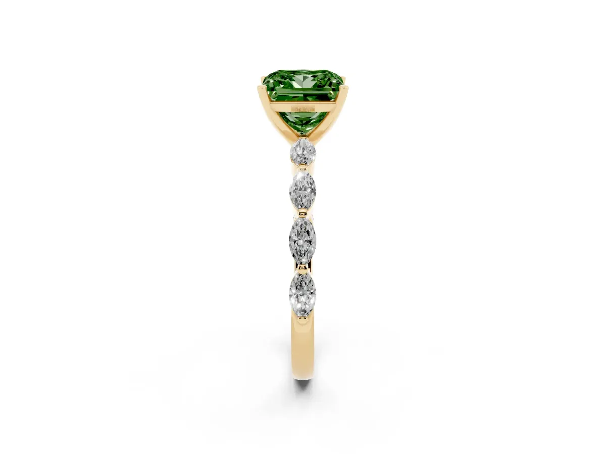 Fancy Green Princess Cut Diamond Ring with Marquise Side Stones and Prong Setting Yellow gold