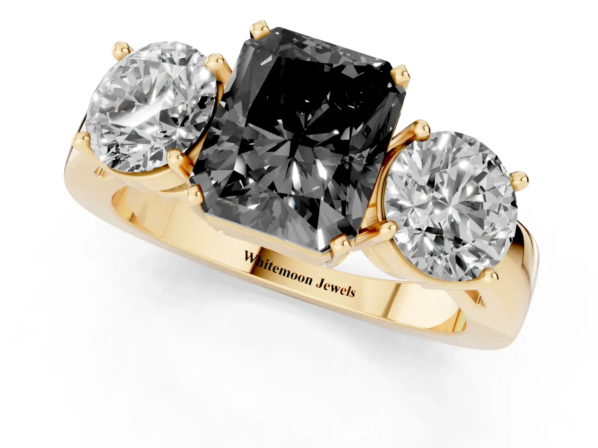 Fancy Black Three-Stone Radiant Cut Diamond Ring with Round Side Stones, Classic Band, and Four-Prong Setting Yellow gold