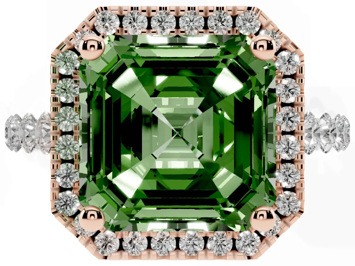 Fancy Green Asscher Cut Halo Pavé Diamond Engagement Ring with Four-Prong Setting Rose gold