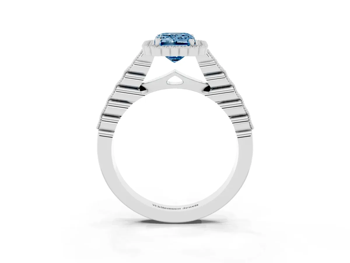 Fancy Blue Emerald Cut Cut Halo Pavé Solitaire Ring with Milgrain Band Silver