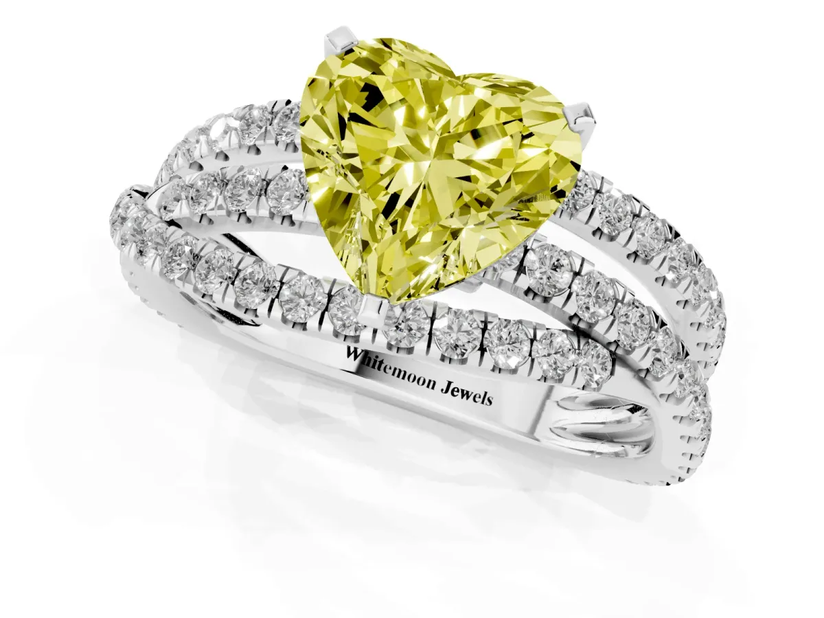 Fancy Yellow Heart Cut Solitaire Twist Band with Pavé Setting and Four-Prong Setting Silver