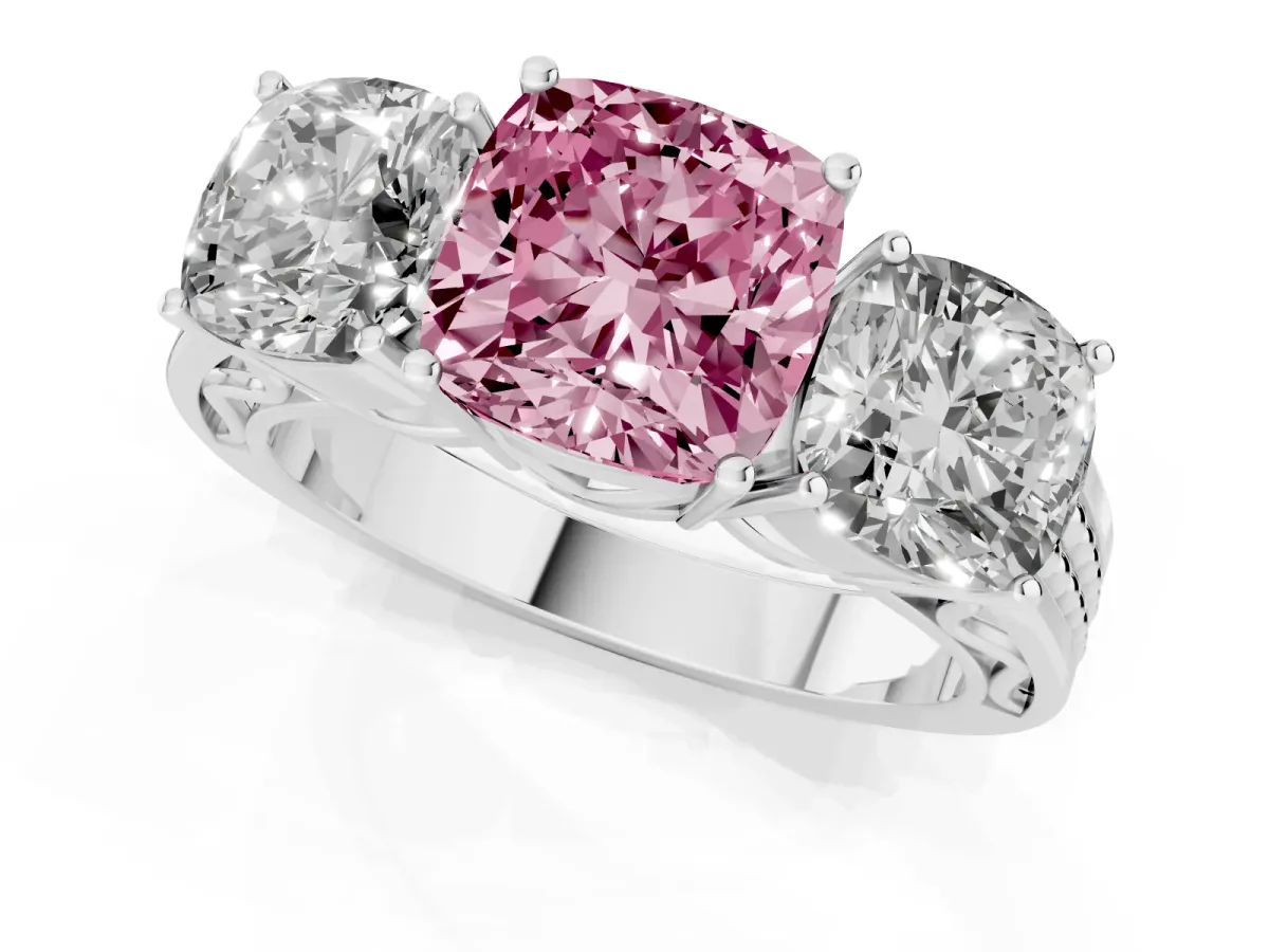 Fancy Pink Cushion Cut Diamond Three-Stone Ring with Prong Setting and Textured Band Silver