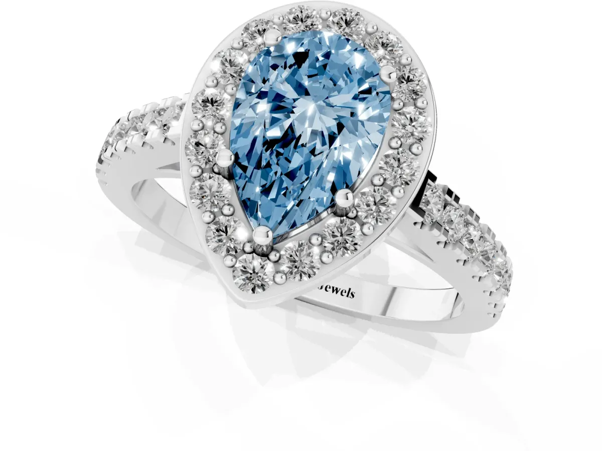 Fancy Blue Pear Cut Diamond Halo Ring with Round Pavé Split Shank and Prong Setting Platinum