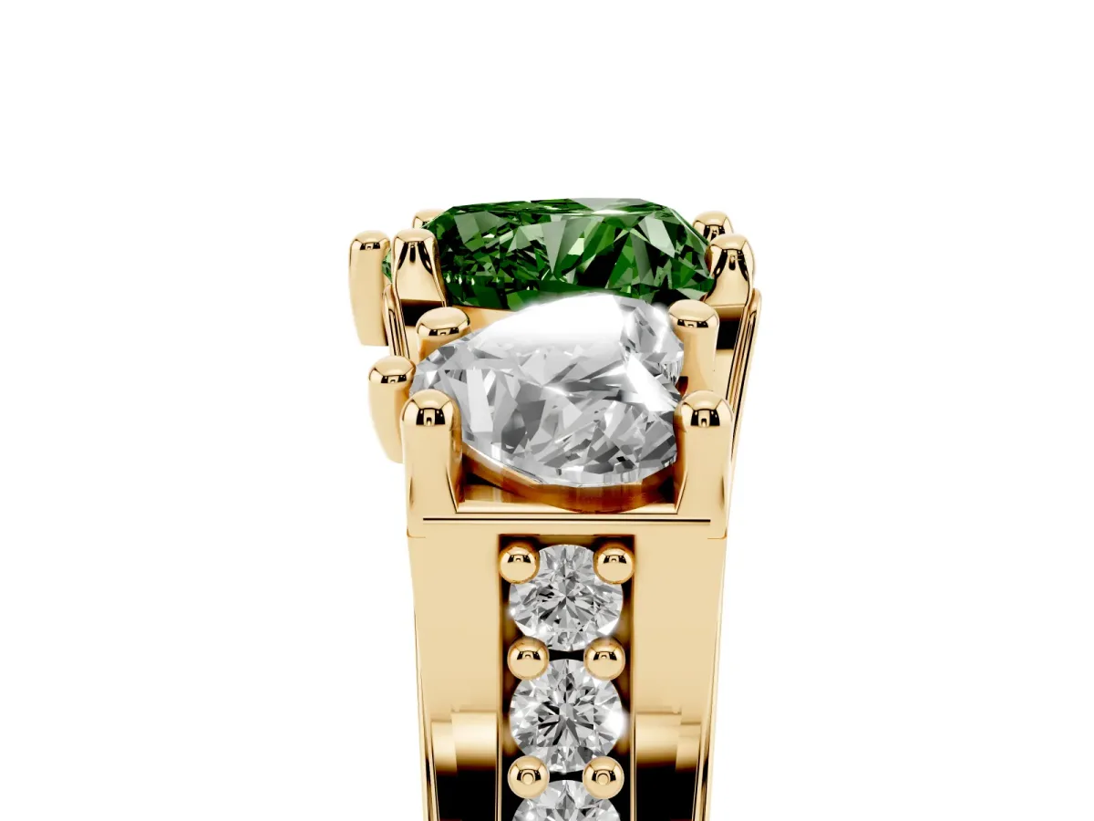 Fancy Green Heart Cut Diamond Three-Stone Ring with Channel Set Band and Four-Prong Setting Yellow gold