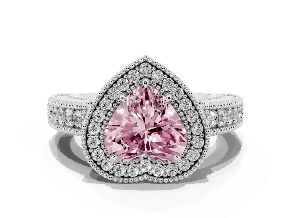 Fancy Pink Heart Cut Cut Halo Diamond Ring with Pavé Band and Four-Prong Setting Platinum