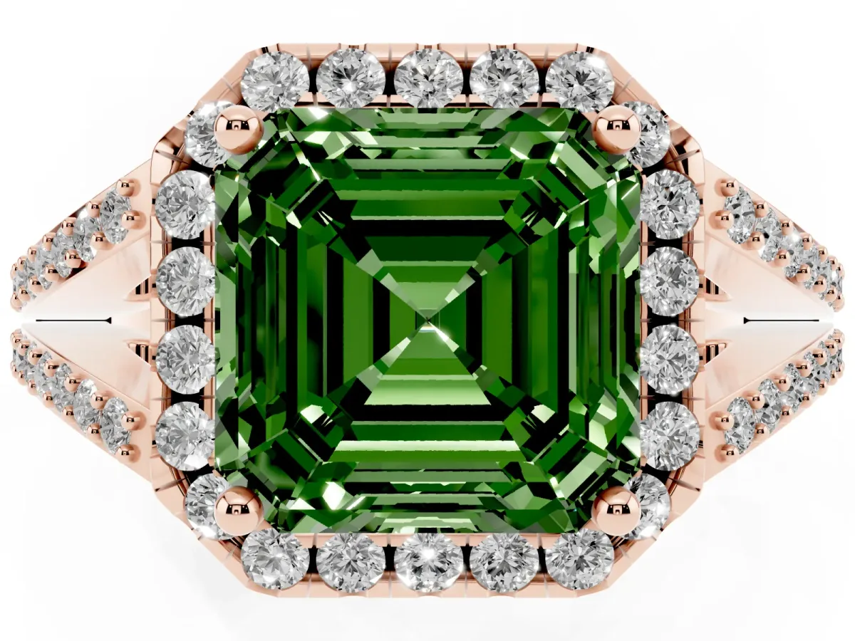 Fancy Green Asscher Cut Halo Split Shank Diamond Ring with Prong Setting Rose gold