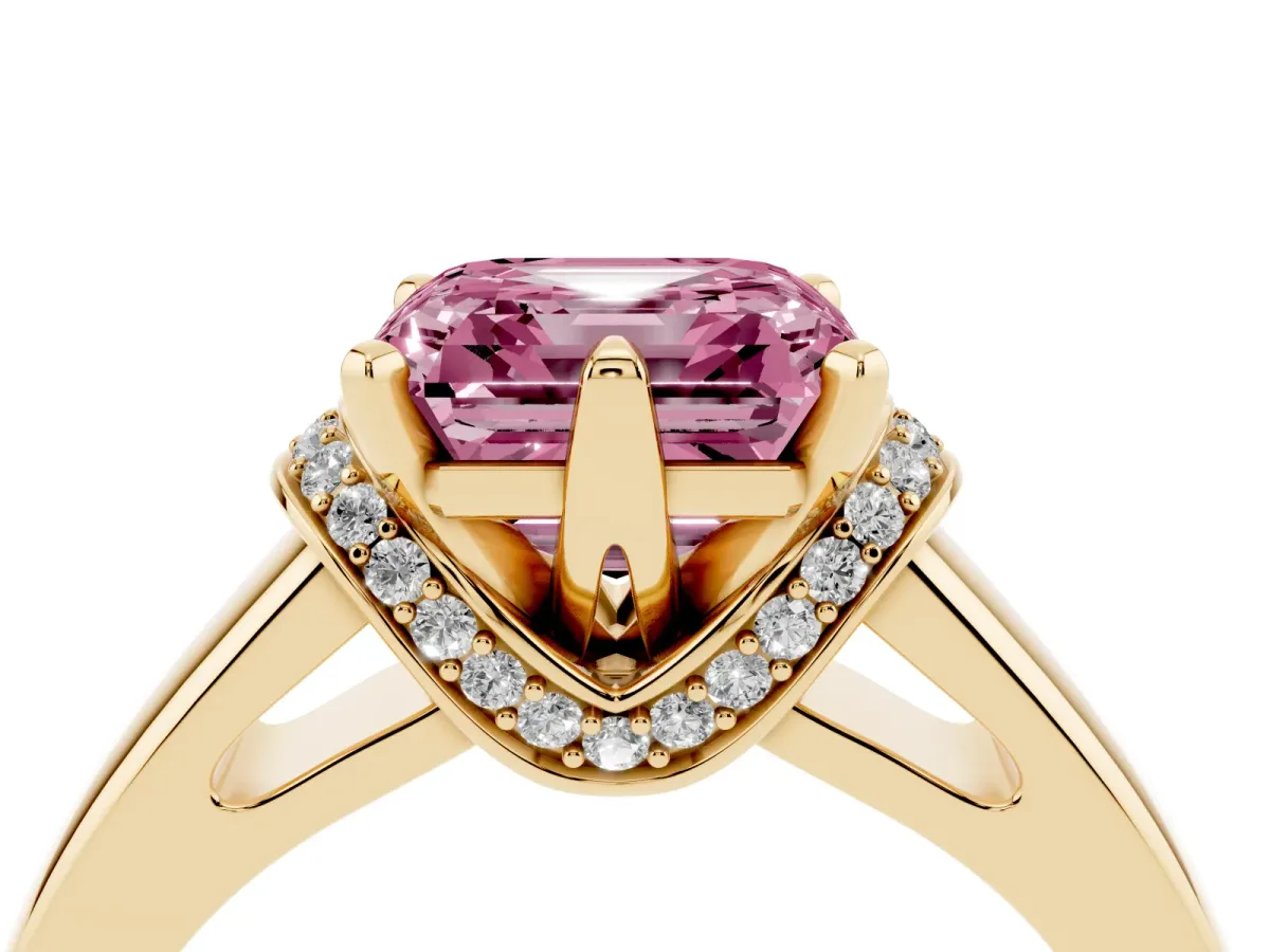 Fancy Pink Asscher Cut Solitaire Diamond Ring with Pave Band and Six-Prong Setting Yellow gold