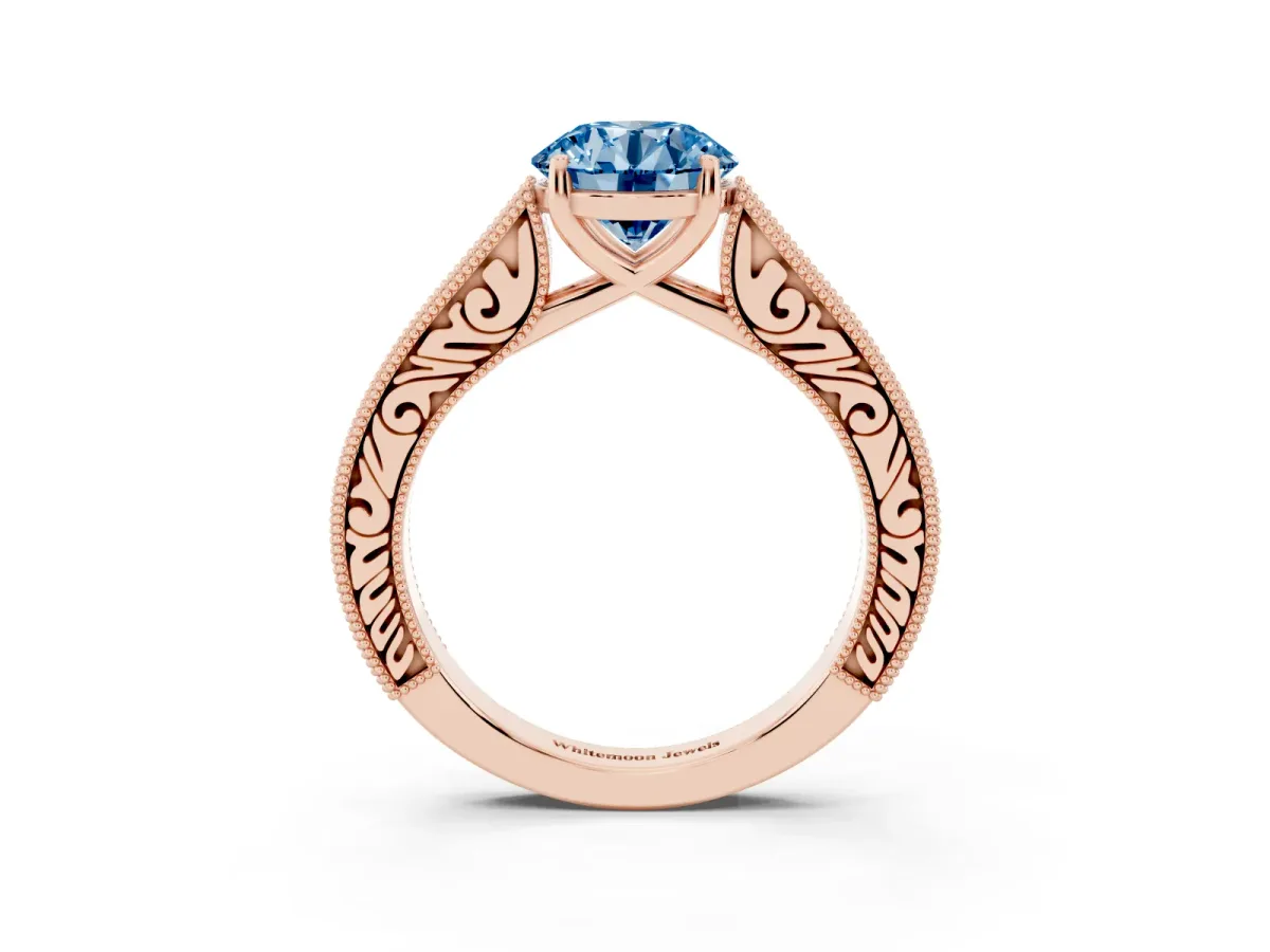 Fancy Blue Round Cut Cut Pave Band Milgrain Solitaire Ring Rose gold