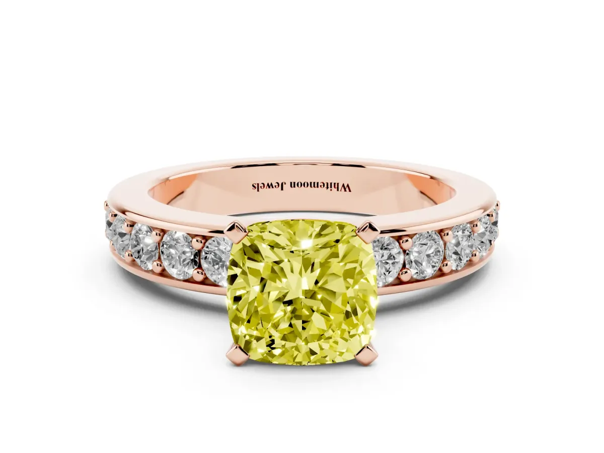 Fancy Yellow Cushion Cut Diamond Engagement Ring with Channel Set Round Band and Prong Setting Rose gold