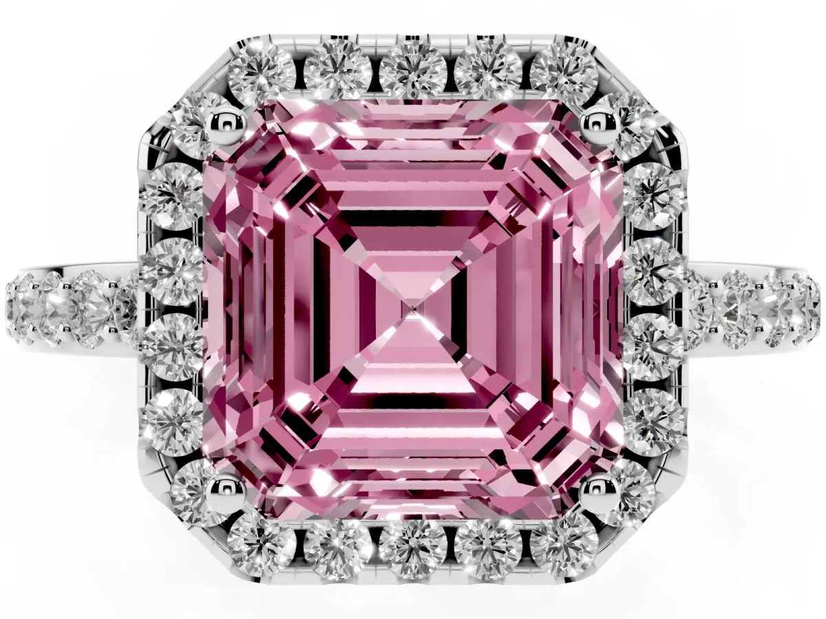 Fancy Pink Asscher Cut Halo Diamond Pavé Band Ring with Prong Setting Silver