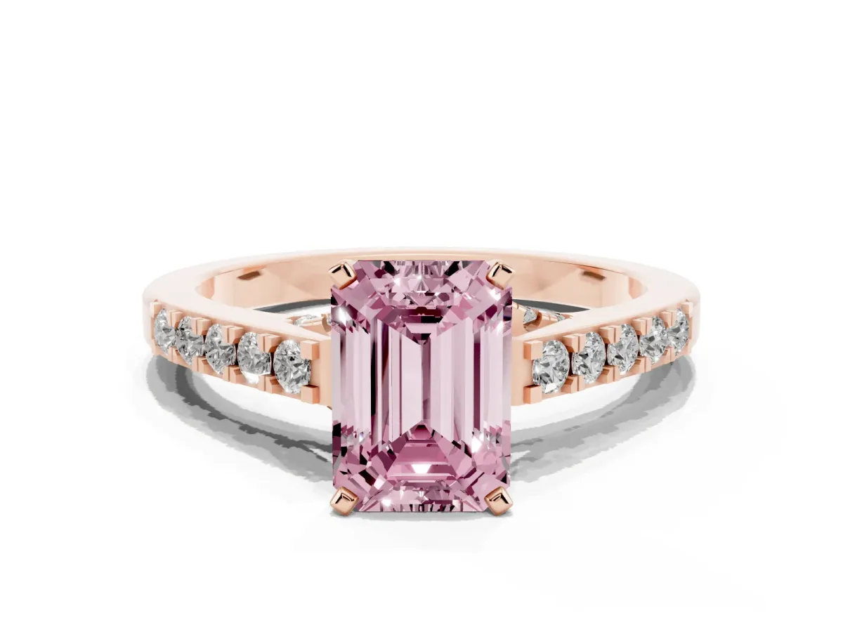 Fancy Pink Emerald Cut Diamond Solitaire Ring with Crossover Gallery and Round Pavé Band Rose gold