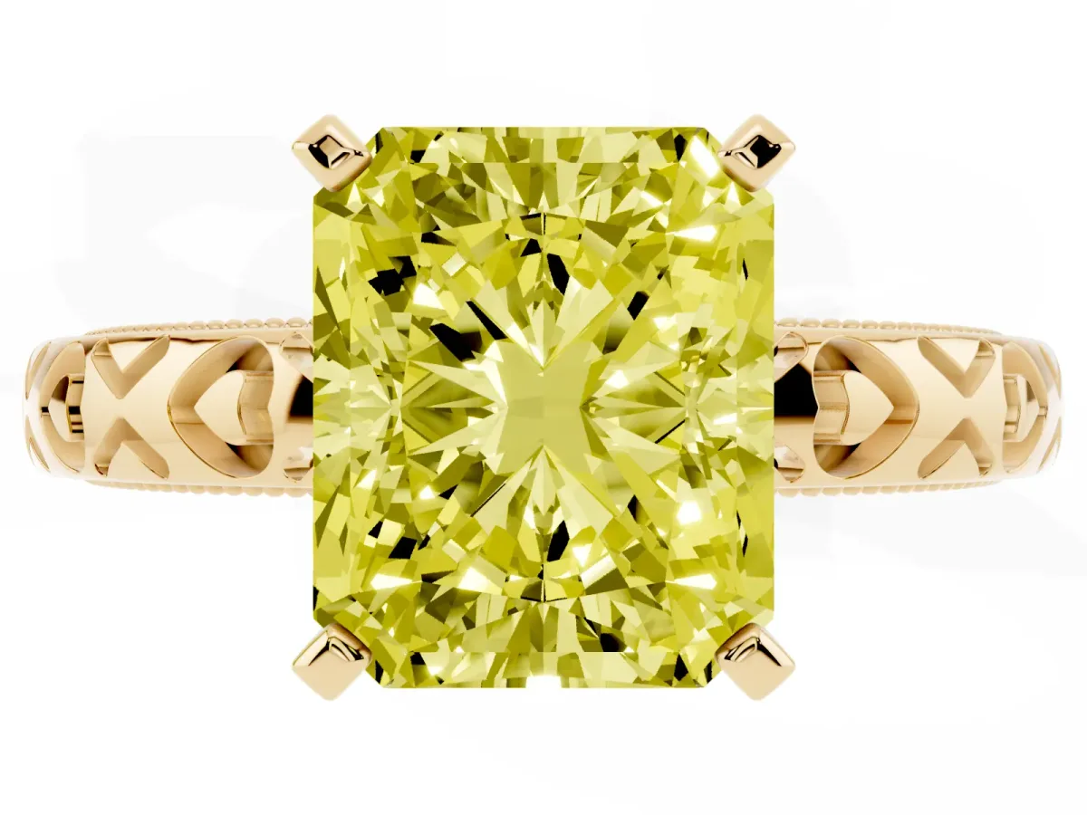 Fancy Yellow Radiant Cut Solitaire Diamond Engagement Ring with XO Engraved Band and Four-Prong Setting Yellow gold