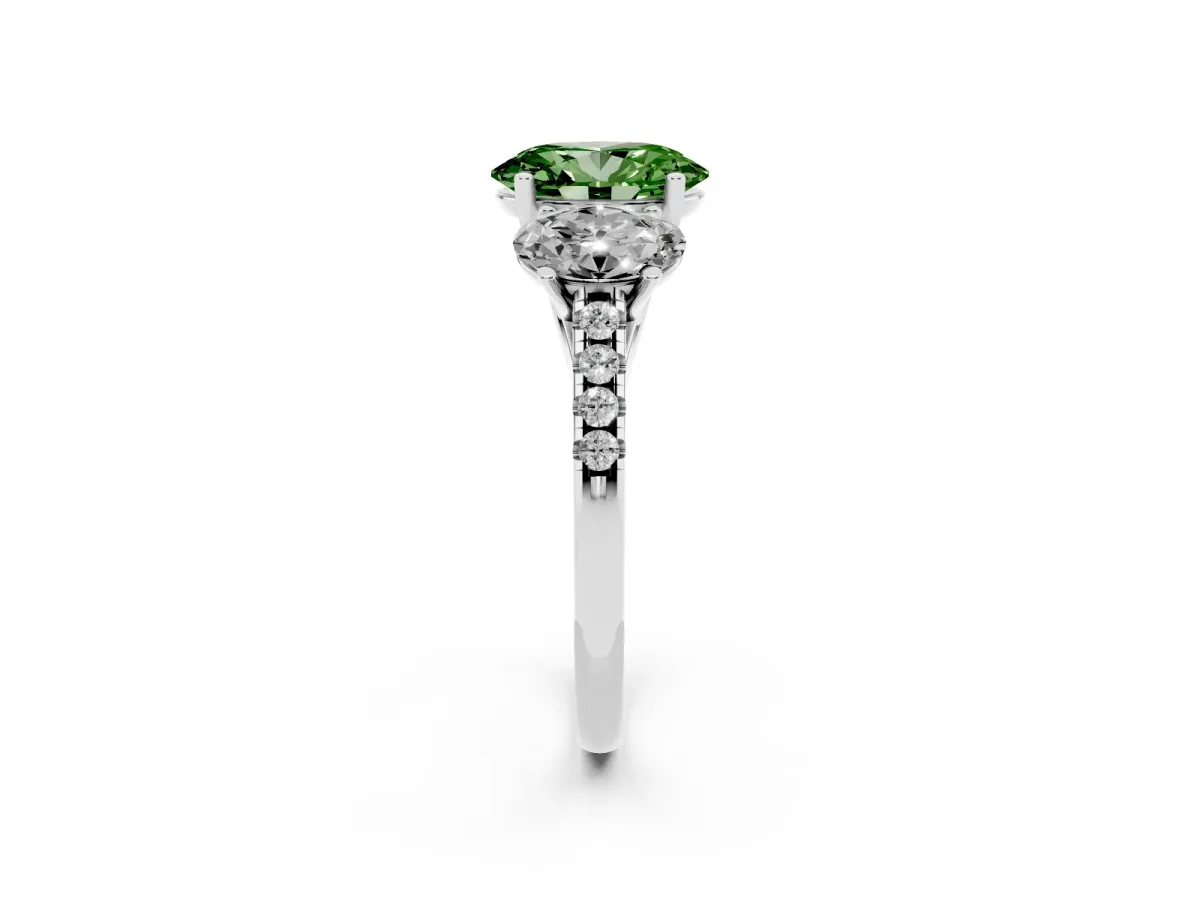 Fancy Green Three-Stone Oval Cut Diamond Ring with Round Pavé Band and Prong Setting Silver