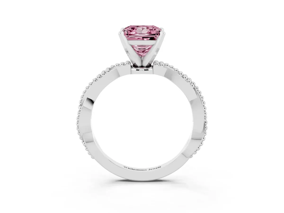 Fancy Pink Princess Cut Solitaire Twisted Band with Bead Prong Setting Platinum