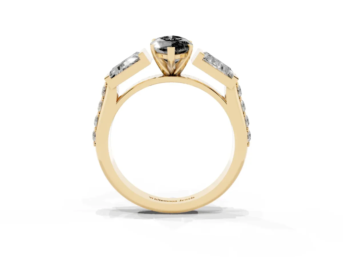 Fancy Black Marquise Cut Diamond Engagement Ring with Baguette Side Stones and Channel Set Band Yellow gold