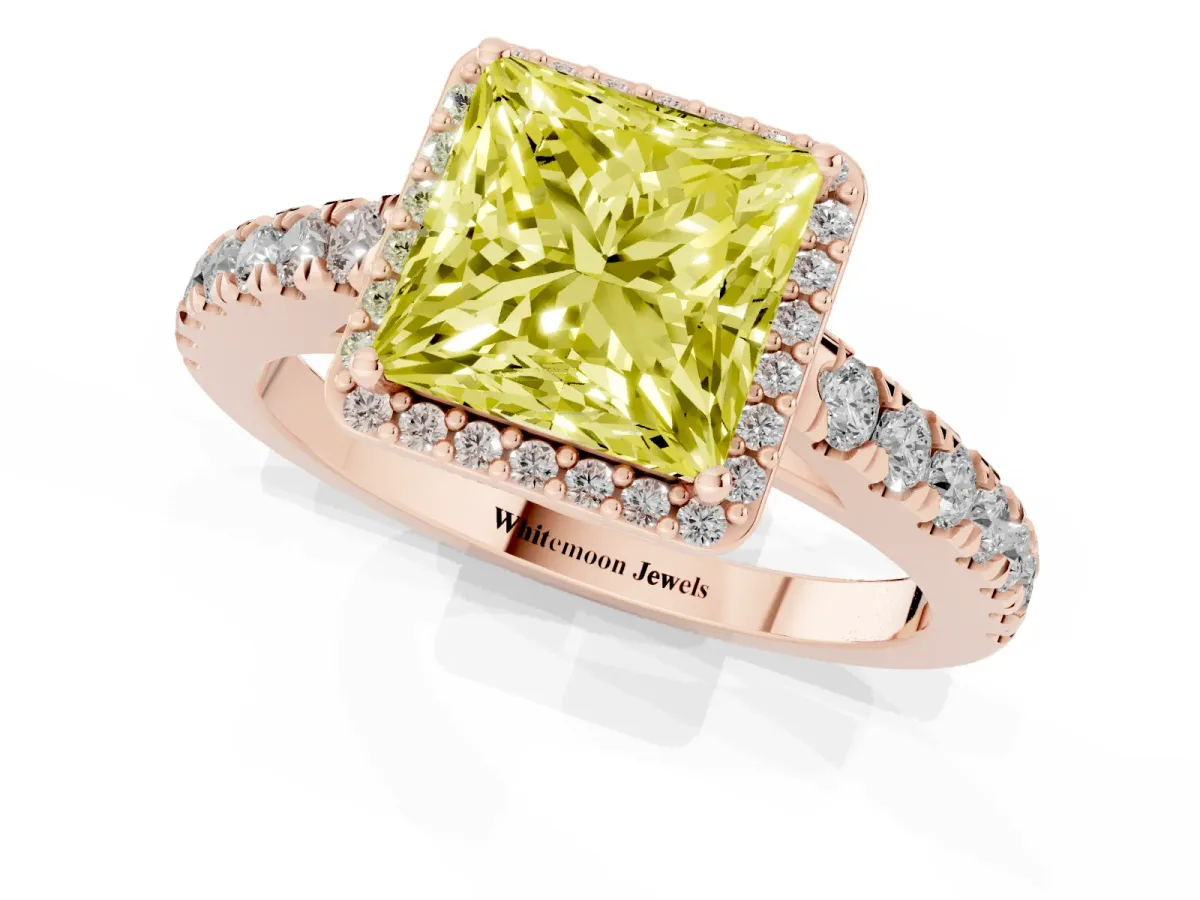 Fancy Yellow Princess Cut Cut Halo Diamond Engagement Ring with Pave Band and Four-Prong Setting Rose gold