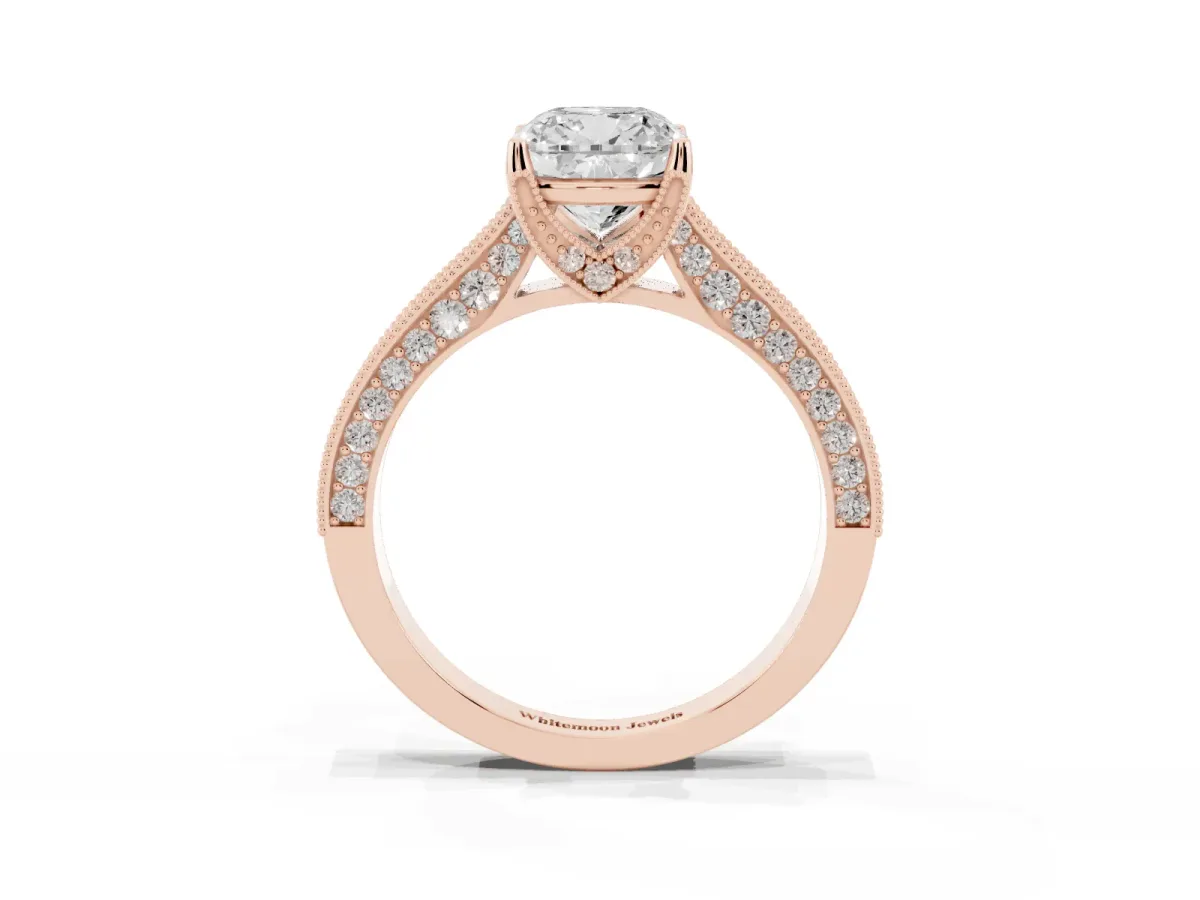 Cushion Cut Cut Diamond Solitaire Ring with Milgrain Pave Band and Four Prong Setting Rose gold