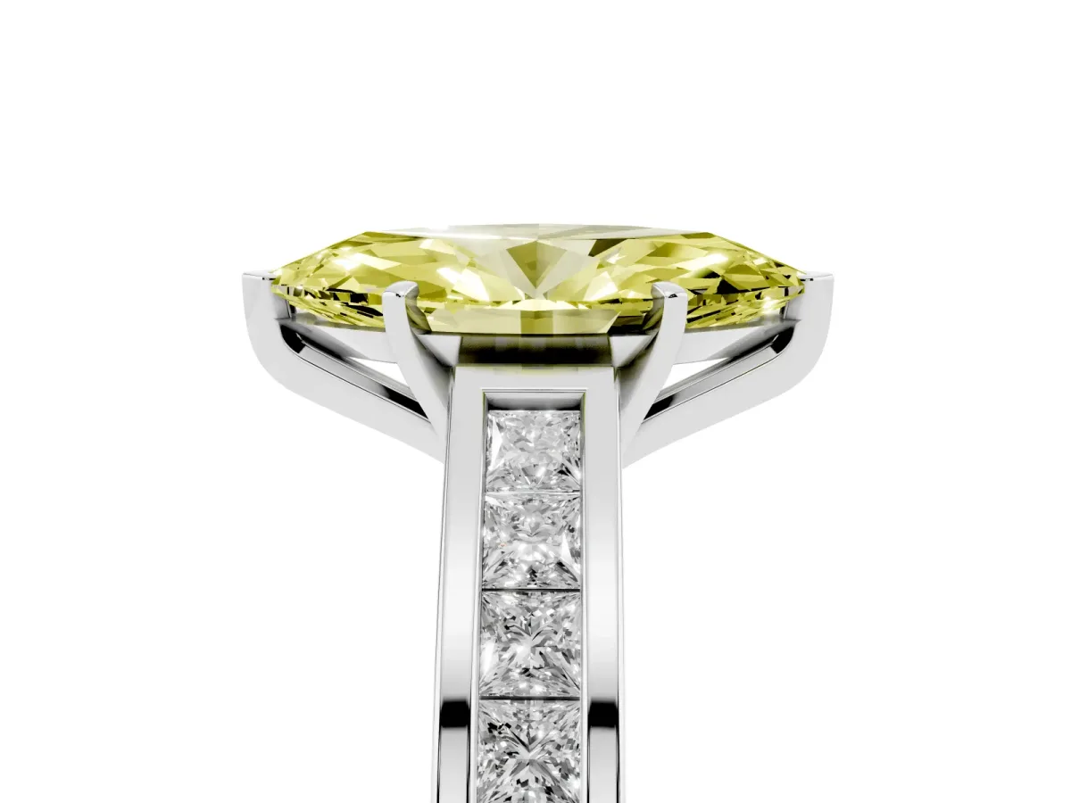 Fancy Yellow Marquise Cut Solitaire Diamond Ring with Channel-Set Band and Four-Prong Setting Silver