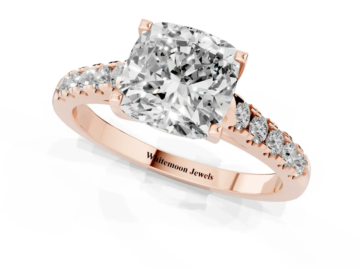Cushion Cut Diamond Pavé Band Solitaire Ring with Prong Setting Rose gold