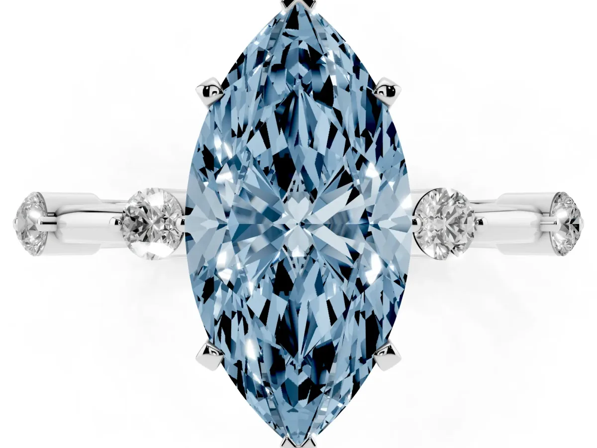 Fancy Blue Marquise Cut Solitaire Diamond Ring with Bezel Set Side Stones and Prong Setting Silver