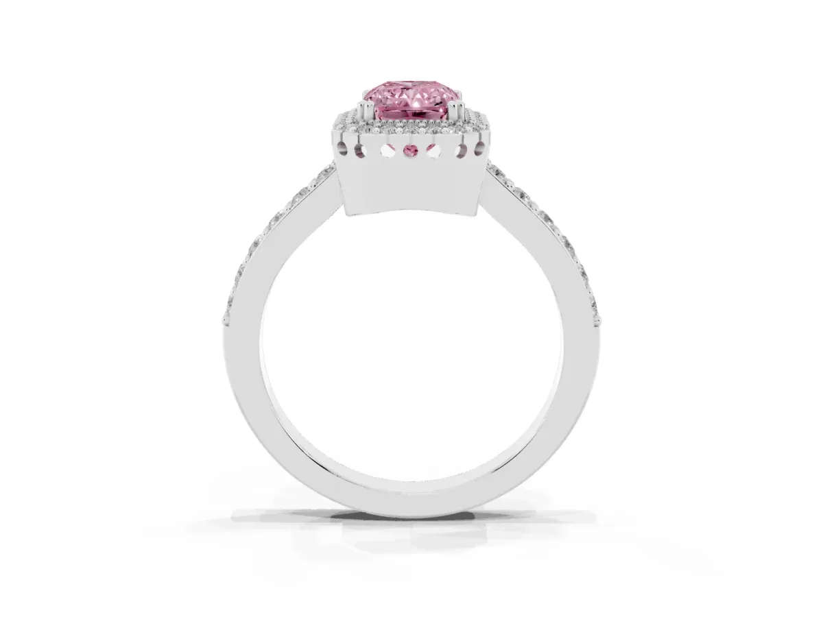 Fancy Pink Radiant Cut Cut Diamond Halo Engagement Ring with Milgrain Detail and Pavé Band Silver