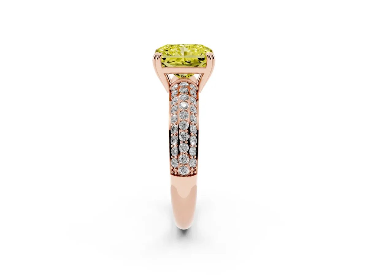 Fancy Yellow Radiant Cut Diamond Solitaire Ring with Multi-Row Round Pavé Band and Prong Setting Rose gold