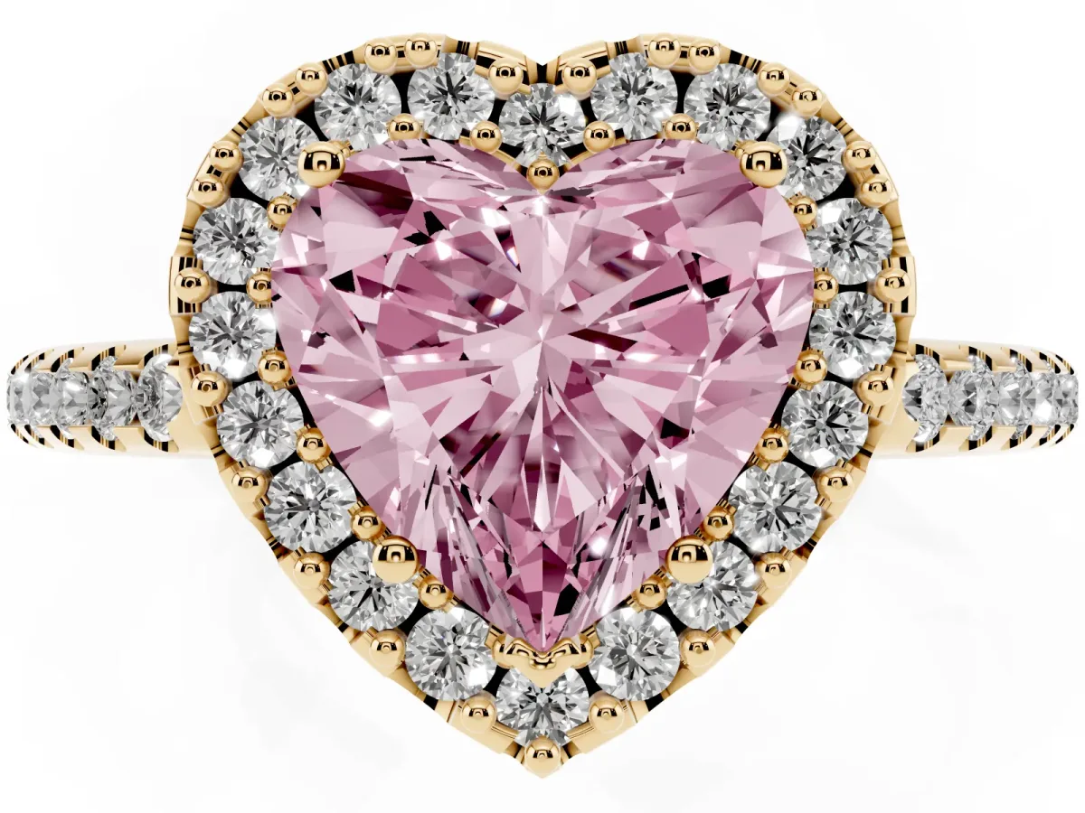 Fancy Pink Heart Cut Diamond Pavé Halo Ring with Four-Prong Setting Yellow gold