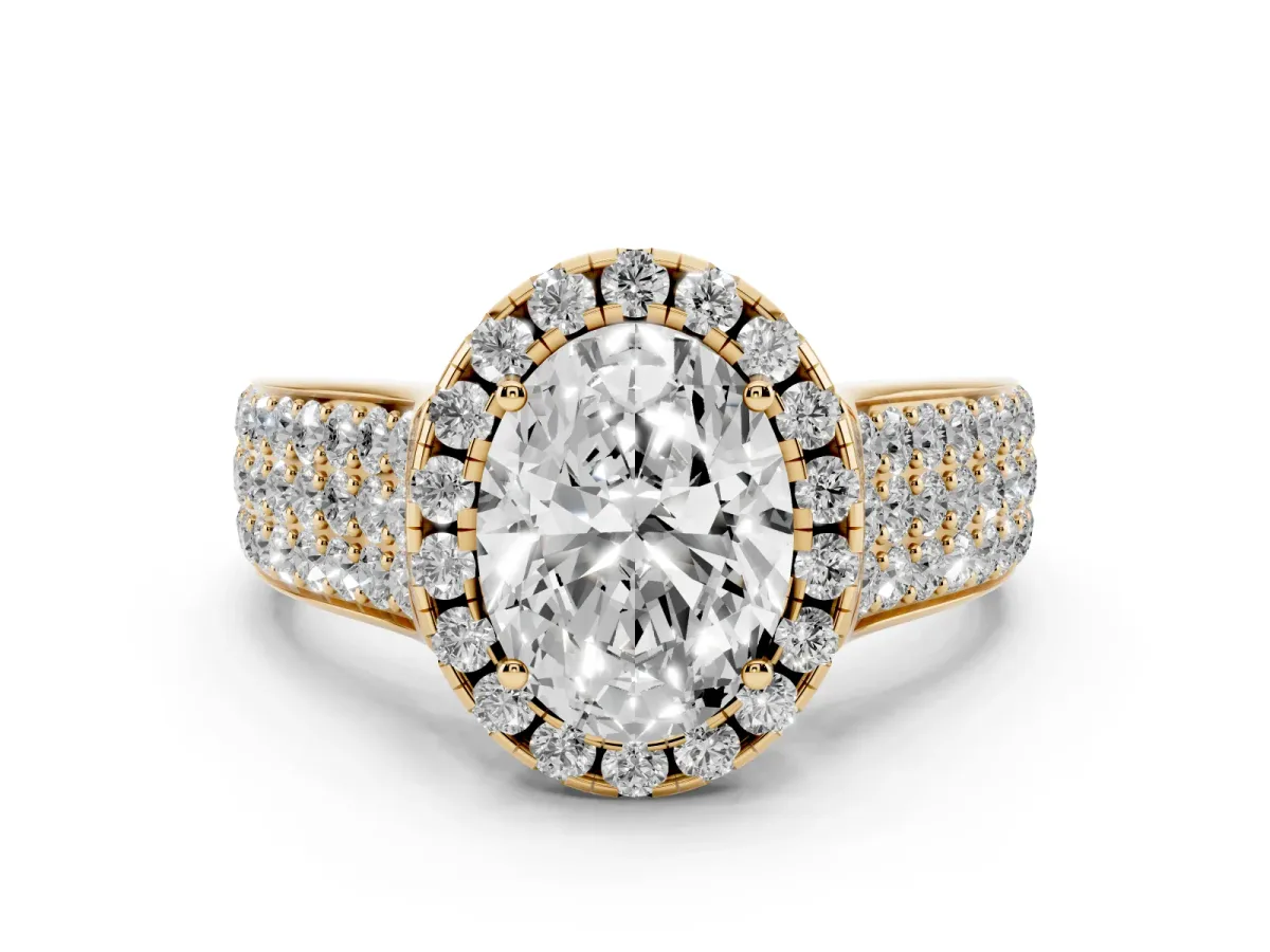 Oval Cut Halo Round Diamond Pave Band with Prong Setting Yellow gold