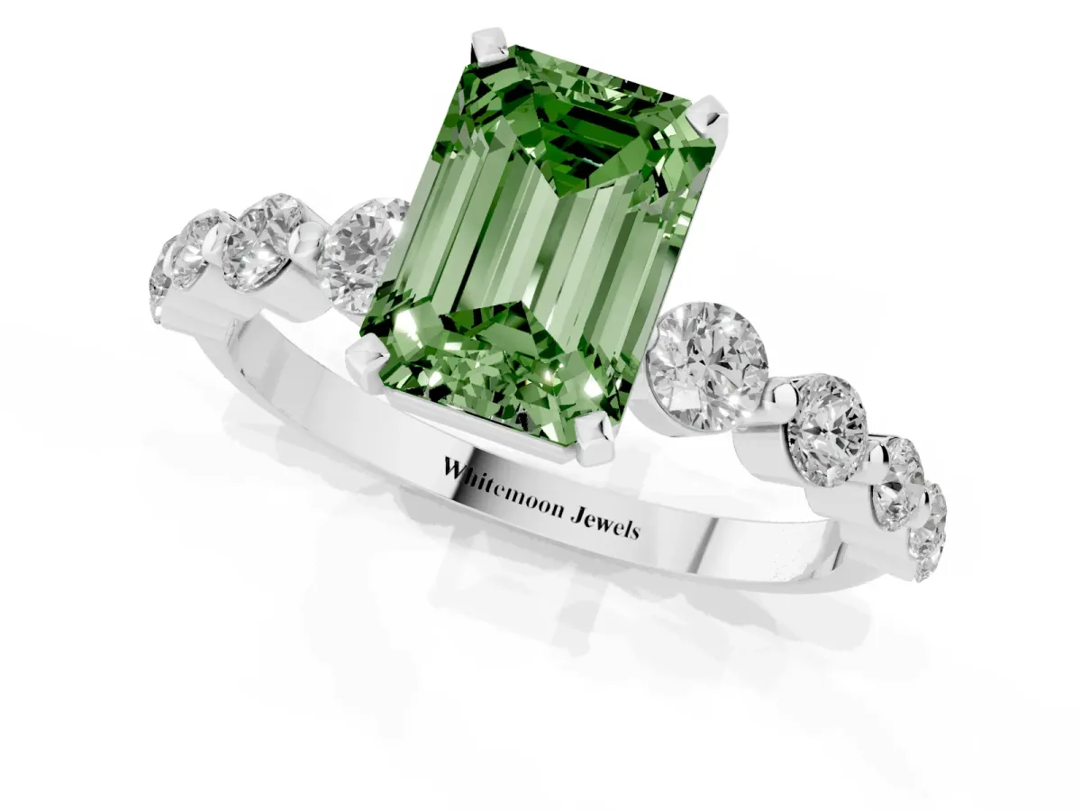 Fancy Green Emerald Cut Solitaire Diamond Ring with Pave Band and Four-Prong Setting Silver