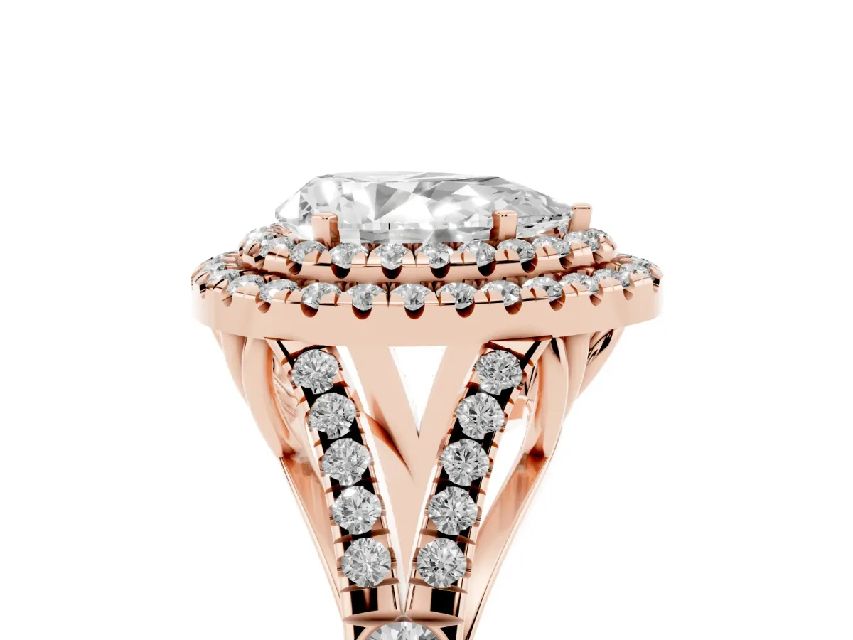 Pear Cut Diamond Double Halo Ring with Split Shank and Prong Setting Rose gold