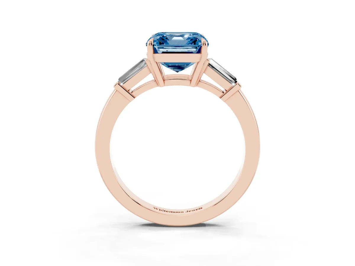 Fancy Blue Asscher Cut Diamond Three-Stone Ring with Tapered Baguette Side Stones and Prong Setting Rose gold