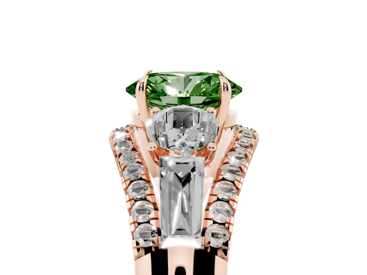 Fancy Green Three-Stone Oval Cut Diamond Engagement Ring with Pave Band and Prong Setting Rose gold