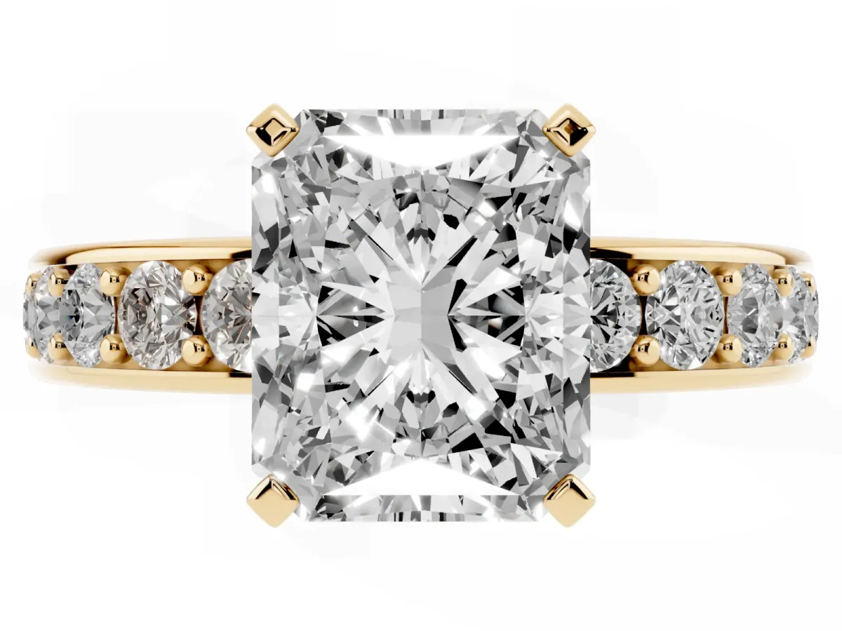Radiant Cut Diamond Engagement Ring with Channel Set Round Band and Prong Setting Yellow gold