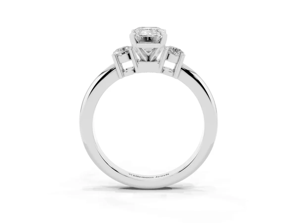Three-Stone Emerald Cut Cut Diamond Solitaire with Prong Setting and Classic Band Silver