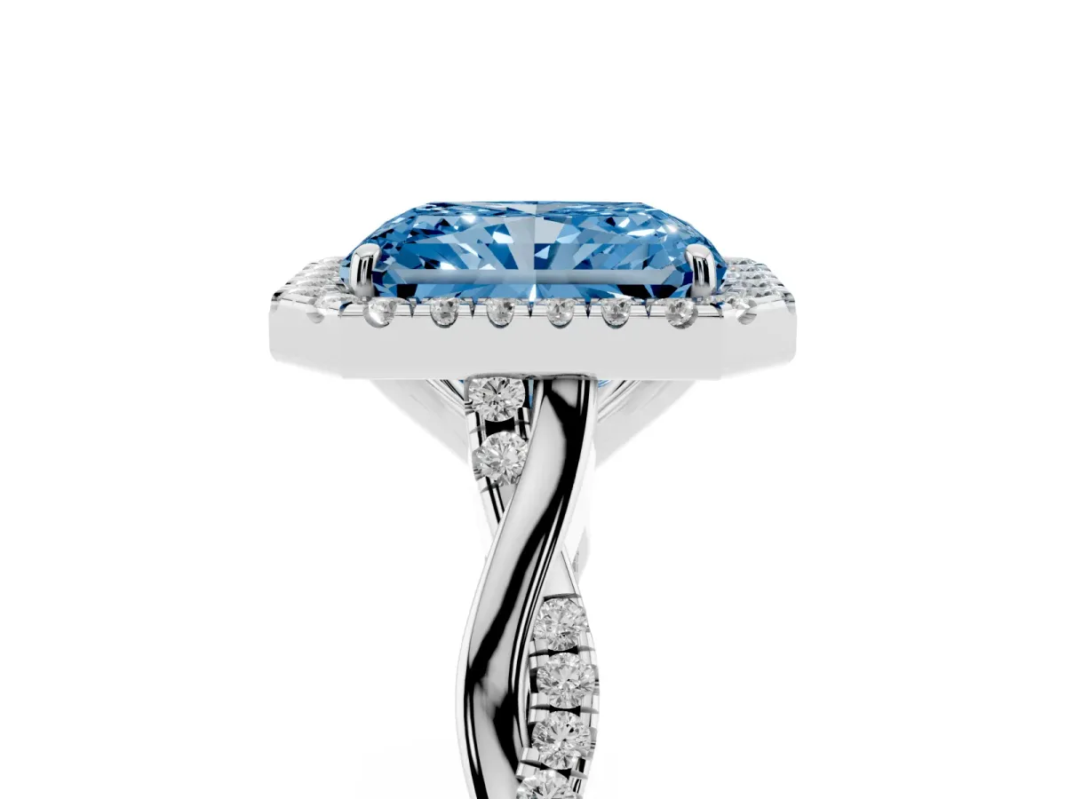 Fancy Blue Radiant Cut Halo Twist Band Solitaire Ring Silver