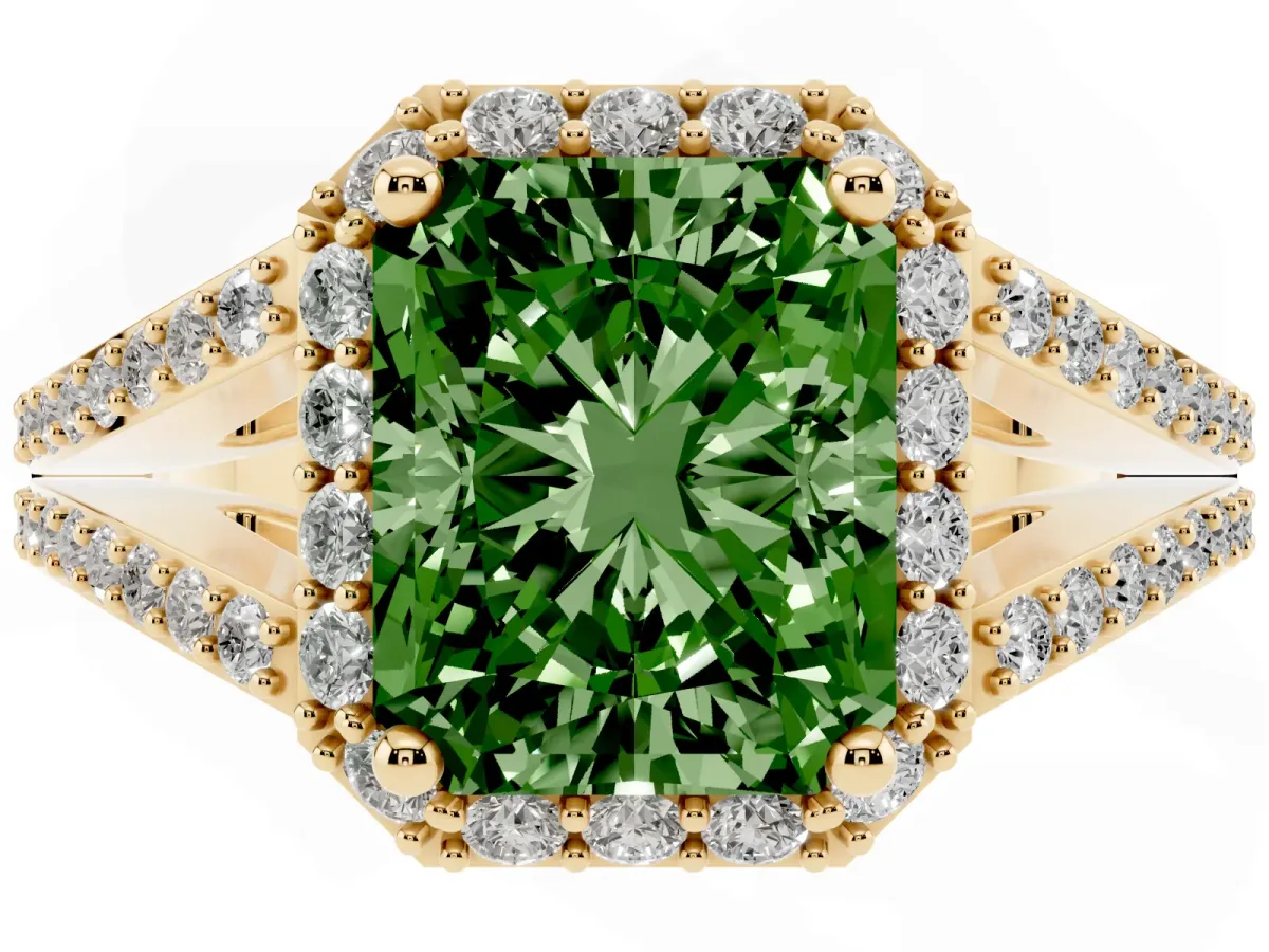 Fancy Green Radiant Cut Halo Split Shank Diamond Ring with Prong Setting Yellow gold