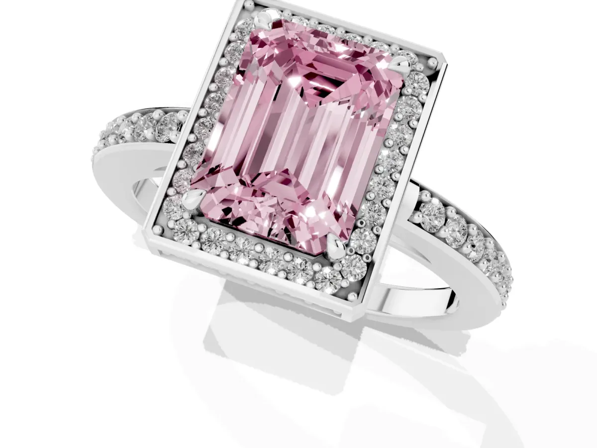 Fancy Pink Emerald Cut Halo Pave Band Solitaire Ring with Prong Setting Silver