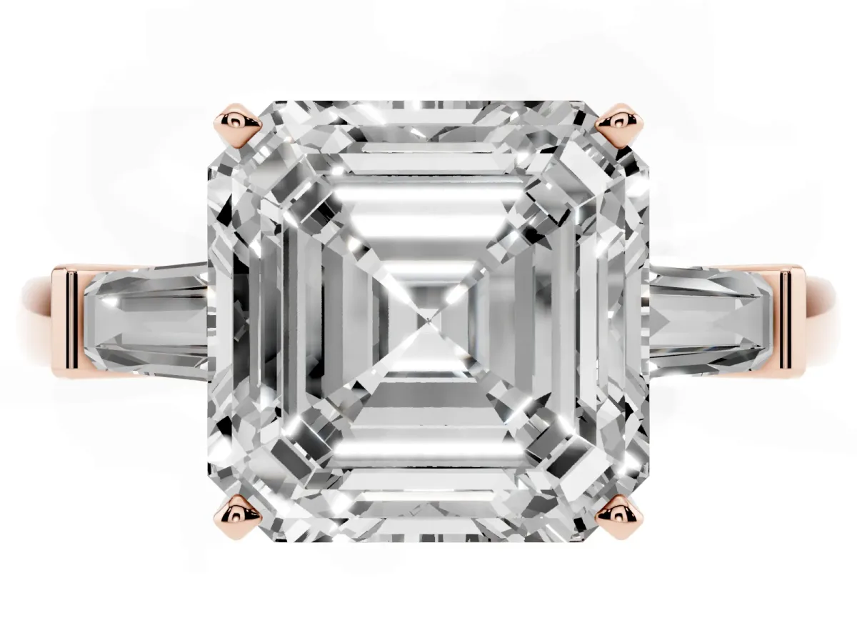 Asscher Cut Cut Diamond Solitaire Ring with Tapered Baguette Accents and Four-Prong Setting Rose gold