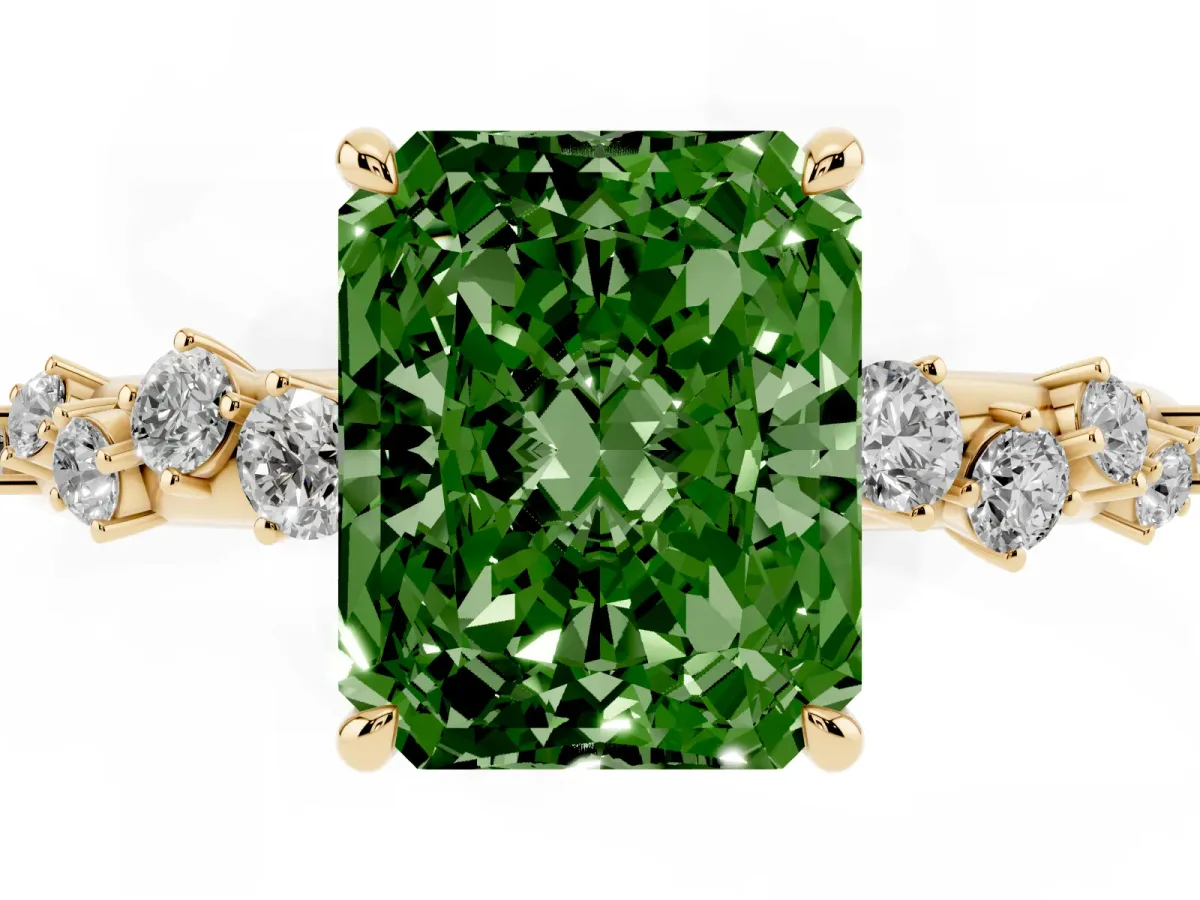 Fancy Green Radiant Cut Diamond Cluster Prong-Set Solitaire Ring Yellow gold