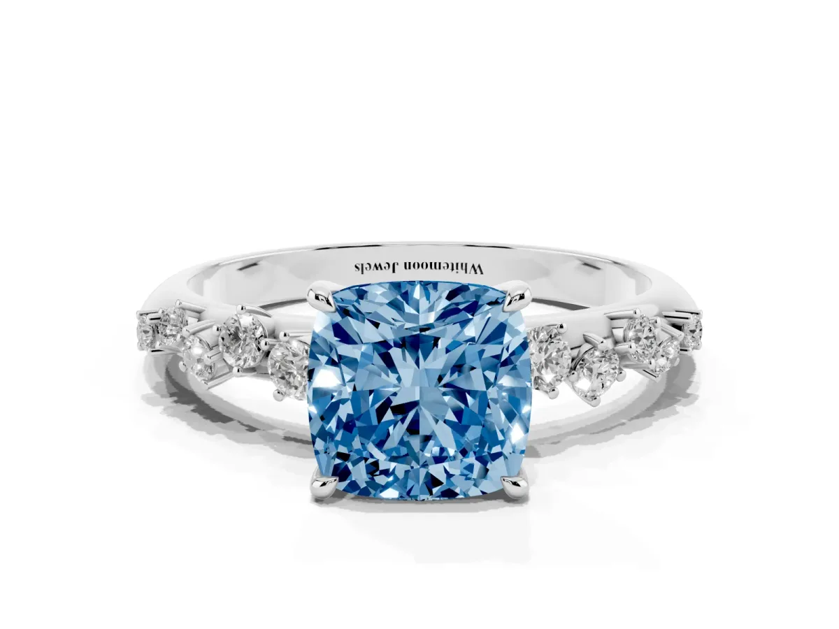 Fancy Blue Cushion Cut Diamond Cluster Side Stone Solitaire Ring with Prong Setting Silver