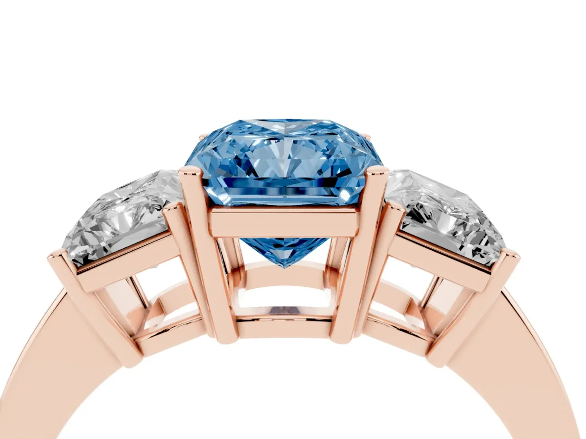 Fancy Blue Three-Stone Radiant Cut Cut Diamond Engagement Ring with Flat Band and Four-Prong Setting Rose gold