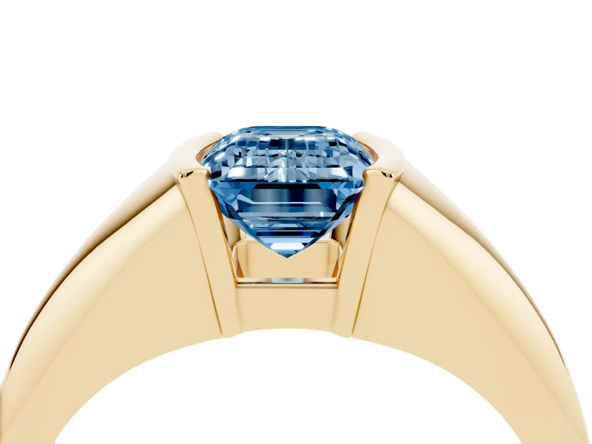 Fancy Blue Emerald Cut Solitaire Tension Set Diamond Ring Yellow gold