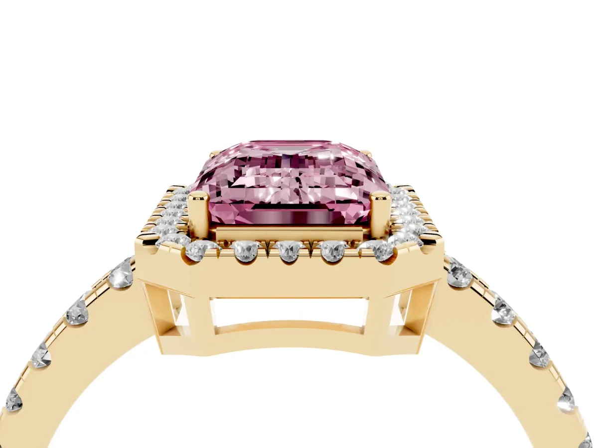 Fancy Pink Emerald Cut Diamond Halo Ring with Pavé Band and Four-Prong Setting Yellow gold