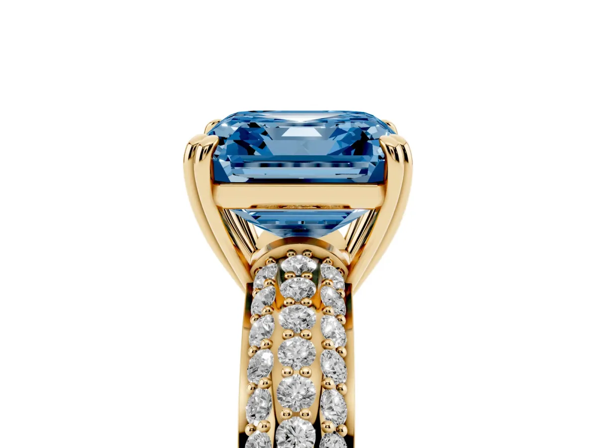 Fancy Blue Asscher Cut Diamond Solitaire Ring with Multi-Row Round Pavé Band and Prong Setting Yellow gold