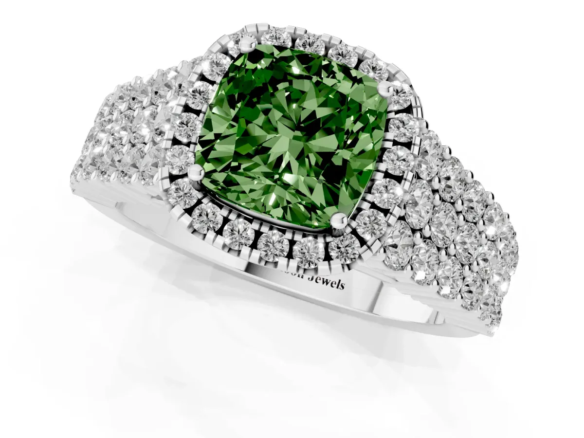 Fancy Green Cushion Cut Diamond Halo Engagement Ring with Triple Row Round Pavé Band and Prong Setting White gold
