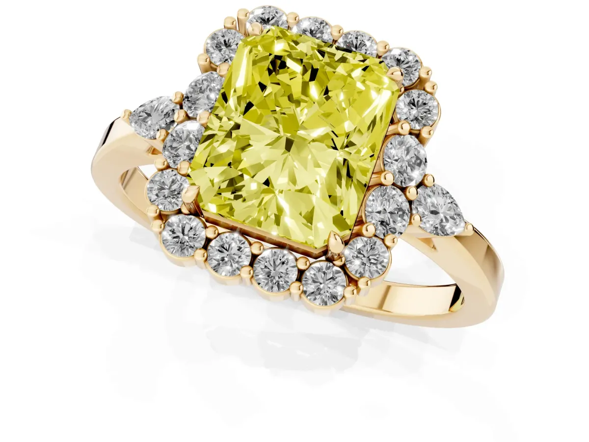 Fancy Yellow Radiant Cut Diamond Halo Ring with Pear Side Stones and Prong Setting Yellow gold