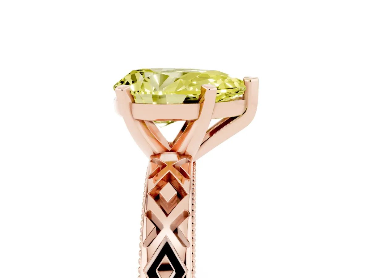 Fancy Yellow Pear Cut Solitaire Diamond Ring with Milgrain and Black Enamel X Pattern Band Rose gold